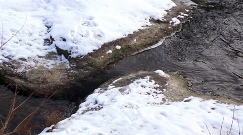 Water flows between two stones. Winter Stock Footage 44665473
