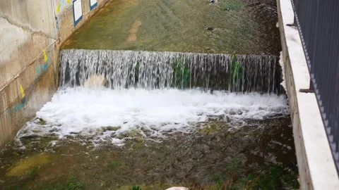 Water flows down from a concrete sewer drain. Sewage in the city. Sewage water Stock Footage 222619043
