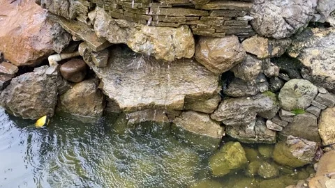 Water flows down the rocks into the pond. Stock Footage 195520769