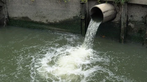 Water flows down from sewer into polluted pond in city Stock Footage 98410125