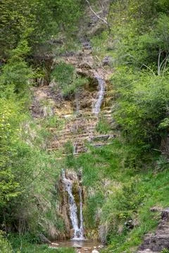 Water flows gently down a rocky hillside surrounded by lush green vegetatio.. Stock Photos