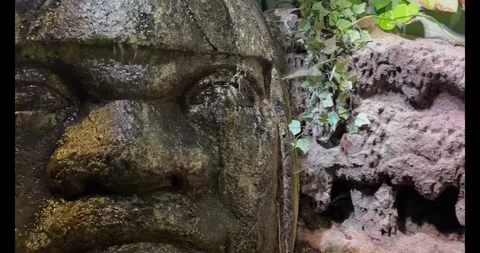 Water flows over a massive colossal ancient face of an ancient statue Stock Footage 305583287