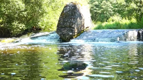 Water flows over rocks in a stream surrounded by green trees on a sunny day near Stock Footage 325625587