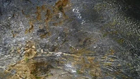 Water flows over rocks with sunlight effects and reflections (slow motion) Video stock 212742460