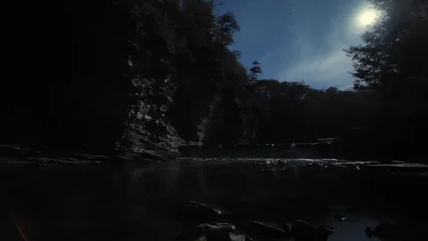 Water Flows over  Weir under a Full Moon in Fall Creed Falls Tennessee Stock Footage 120992884