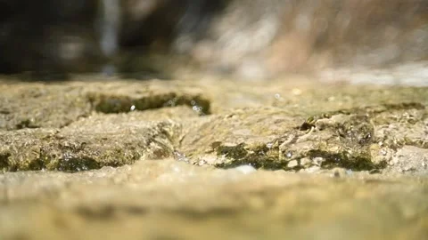 Water flows over yellow rocks (slow motion, bokeh) Stock Footage 212746858