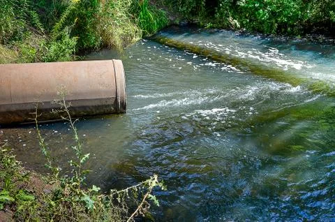 Water flows from the pipe into the river. Stock Photos