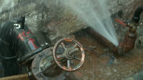 Water flows from a rusty water pipe. Water accident Stock Footage 134928764