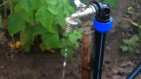 Water flows slowly from the tap to the ground Stock Footage 135294707