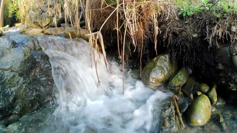 The water flows in a small canal towards a river with many rocks Stock Footage 243407054