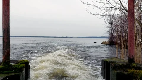 Water flows through a pipe in a water pumping station Stock Footage 270380449