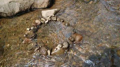 Water flows through a river with different sized stones in it, rocky river Stock Photos
