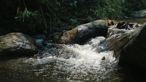 Water flows through a river with different sized stones in it, rocky river Stock Photos