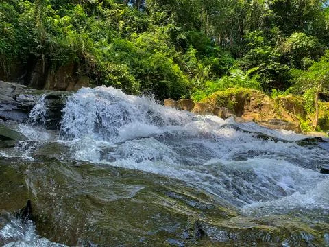 The water flows through the rocks in the middle of the forest. Small waterfal Stock Photos