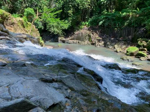 The water flows through the rocks in the middle of the forest. Small waterfal Foto stock
