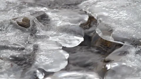 Water flows under the eroded surface of the ice Stock Footage 143960172