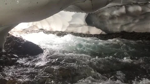 Water flows under ice glacier Stock Footage 263642889