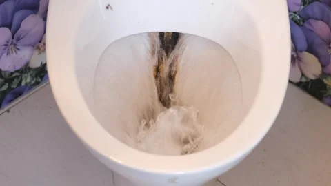 Water flushing down a dirty white toilet bowl with brown limescale and rust.. Stockbeeldmateriaal 338197741