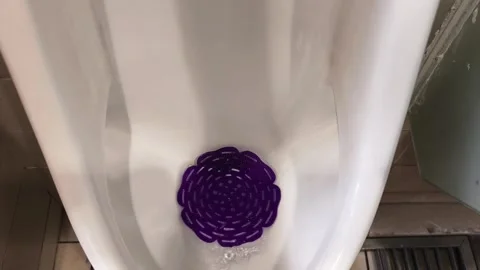 Water flushing inside a modern public toilet urinal with a purple mat strainer Vidéo 347056874