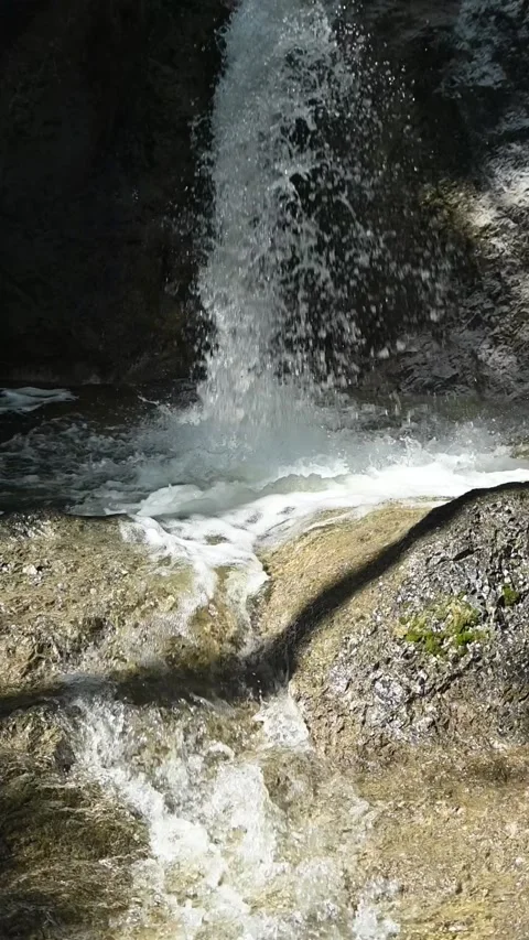 Water flushing into a pond of a mountain stream in the summer, vertical, slow-mo Stock Footage 260940669