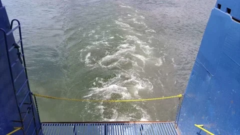 Water foam trace behind the ship goes Stock Footage 138595055