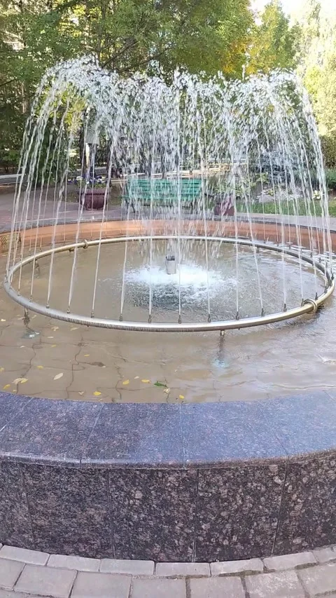 Water fountain with circular spray pattern in park, surrounded by trees and Stock Footage 345858205