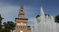 Water Fountain Sforzesco Castle Clock Tower Milan Italy Tourist Attraction Day HD Footage