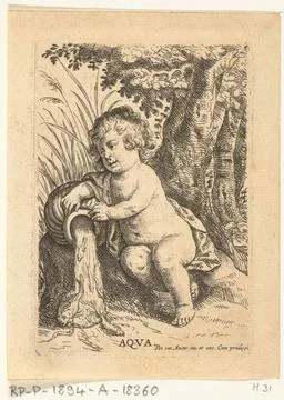 Water; The four elements; Aqua. A nude boy leans against a tree and empty ... Stock Photos