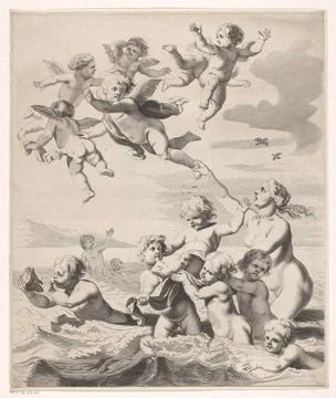 Water; The four elements. Playing putti in the water and a group of flying... Stock Photos