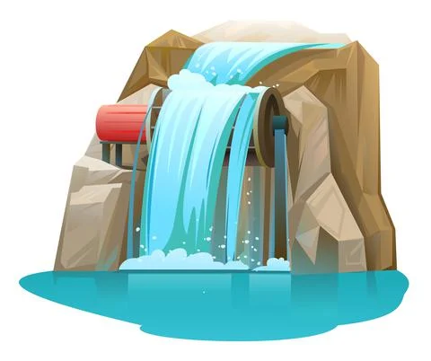 Water generator. Cascade spills down over paddle wheel. Electricity generatio Stock Illustration