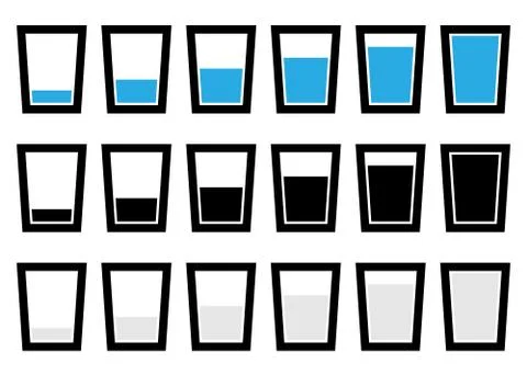 Water glass symbols, pictograms - Empty, half, full glass of water. Stock Illustration