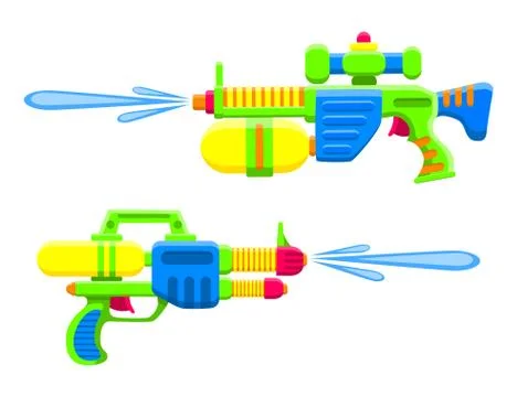 Water guns. Bright multi-colored childrens toys. Isolated objects. Stock Illustration