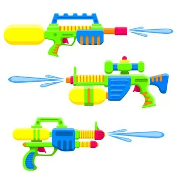 Water guns set. Bright multi-colored children s toys. Isolated objects. Stock Illustration