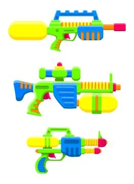 Water guns set. Bright multi-colored children s toys. Isolated object. Stock Illustration