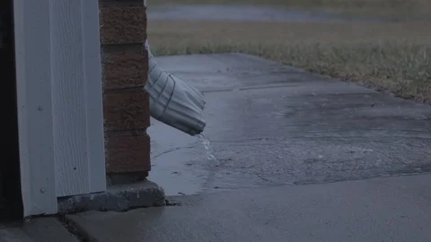 Water gushing out of gutter during rain storm in slow motion (120fps at 24) Stock Footage 86567269