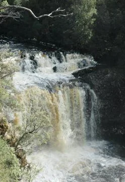 Water gushing over a waterfall, causing white and muddy foam. Stock Photos