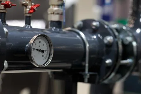 Water heating system pipe with temperature gauge Stock Photos
