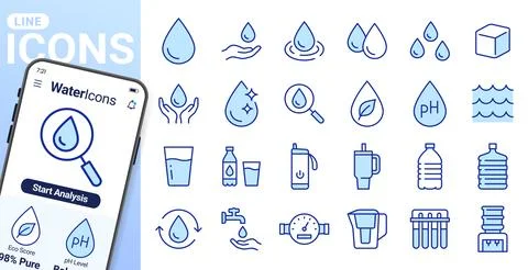 Water, hydration, line icons set. Smart bottle, reusable tumbler, filtration 스톡 일러스트