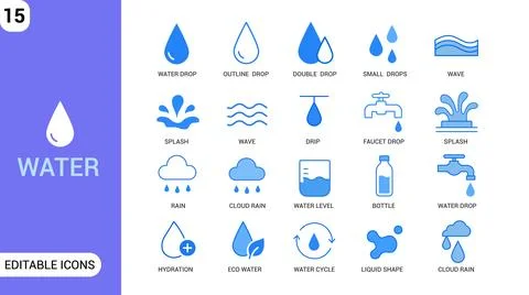 Water Icon Set. Drop, Rain, Wave, Hydration, Liquid and Eco Water Stock Illustration