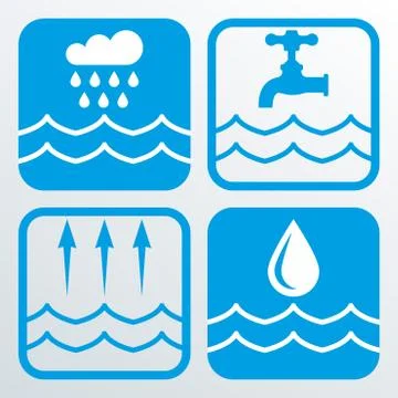 Water icon set. Vector illustration of water, faucet, drops and cloud. Stock Illustration