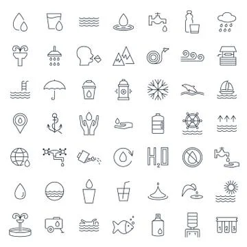Water icons set in thin line style. Vector symbols. Stock Illustration