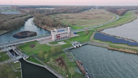 Water infrastructure complex with a pumping station Gemaal Lovink Stock Footage 325448045