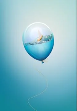 Water inside balloon with sailing small boat creative concept Stock Photos