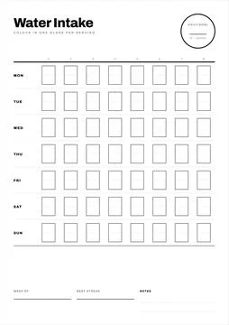 Water intake weekly tracker worksheet template Stock Illustration