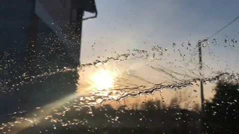 The Water jet watered on evening background Video stock 129866831