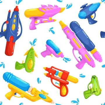 Water kids weapon seamless pattern. Color plastic toy guns and pistols, children Stock Illustration
