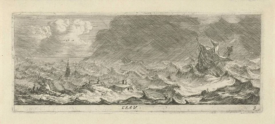 Water; L eau; Four elements. A great flooding of a city, three church towe... Stock Photos