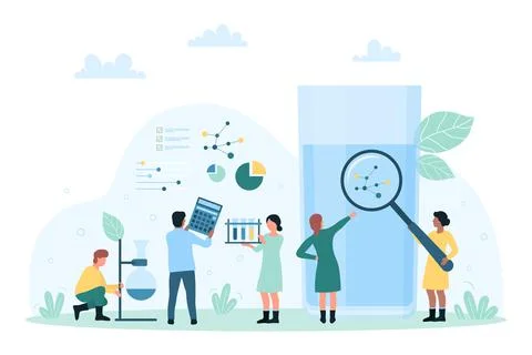 Water laboratory research of tiny scientists looking through magnifying glass at Stock Illustration