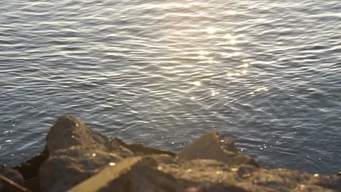 Water lapping against rocks on shore during winter sunrise Stockbeeldmateriaal 233902811
