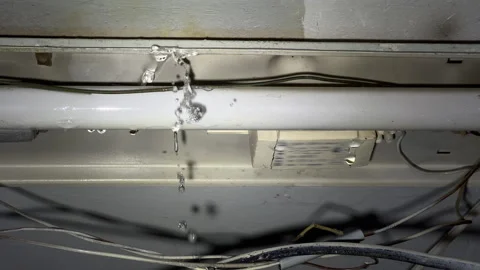 Water Leaking from Corridor Ceiling Light Fixture | Emergency Water Damage Stock Footage 345017118